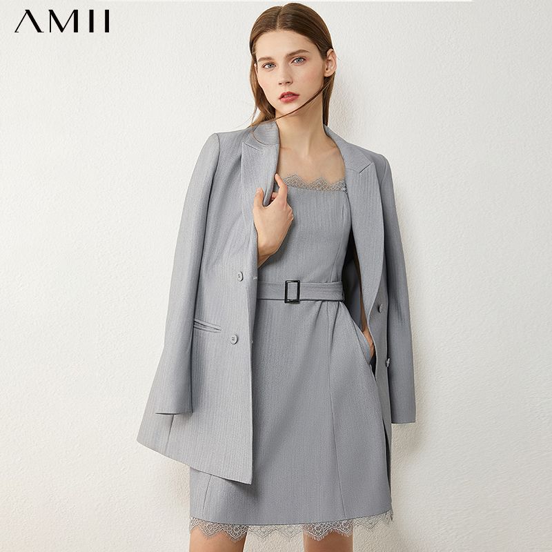 AMII minimalismo otoño vestido de traje de mujer cinturón de solapa AMII minimalismo otoño vestido de traje de mujer cinturón de solapa
