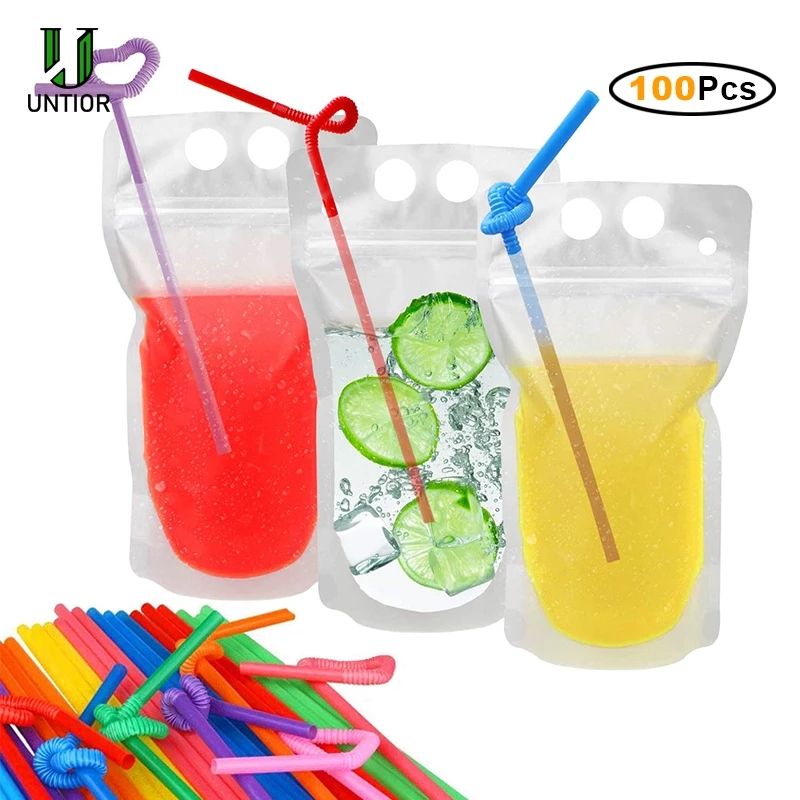 Clear Mugs Magic Drink Pouches with Straw Resealable Ice Smoothie Bags Drinking Straws Reusable Juice Pouch CY27