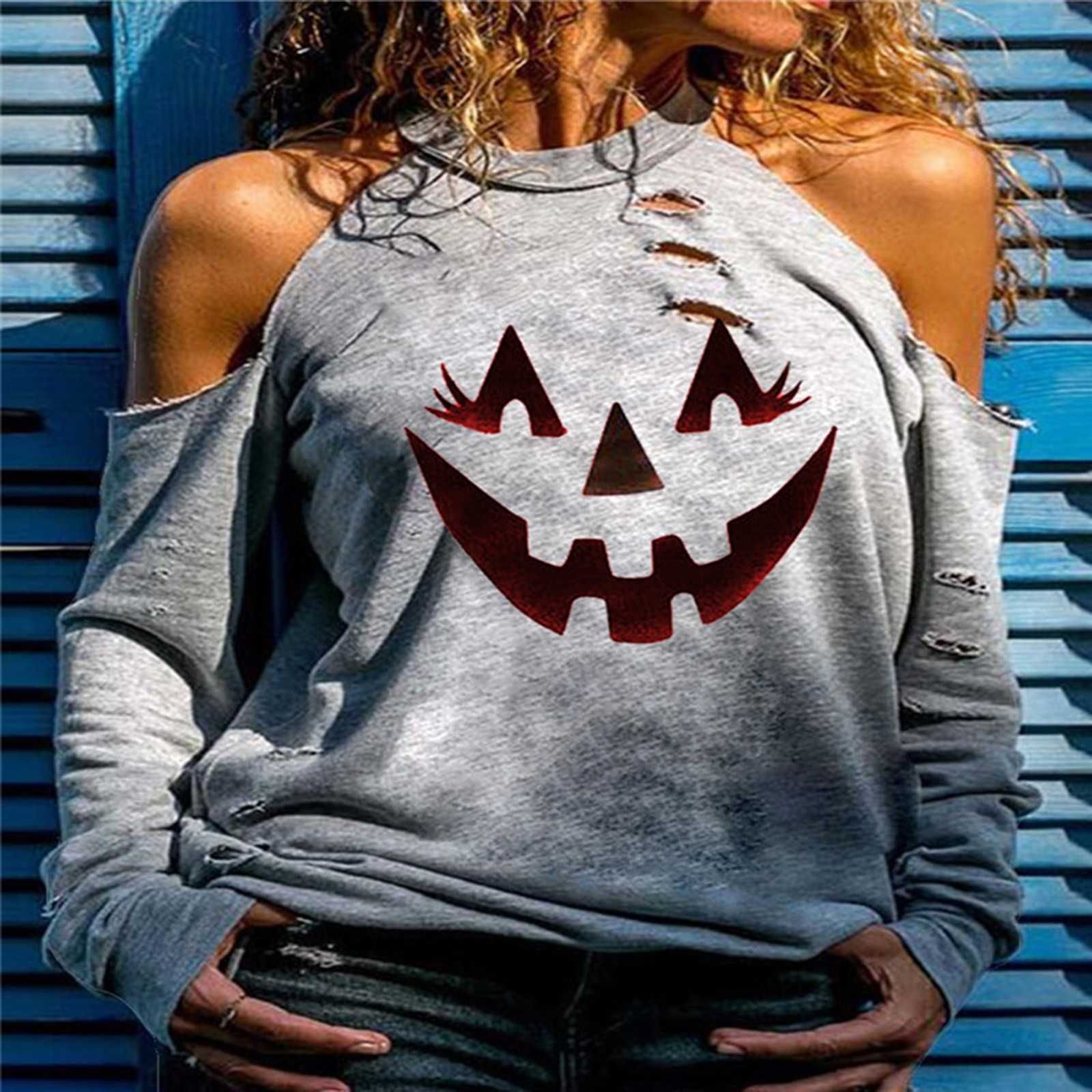 Una oración tragedia Dime Halloween mujer manga larga camiseta de gran tamaño Invierno Tops de  invierno Hombro frío Camisetas Mujeres