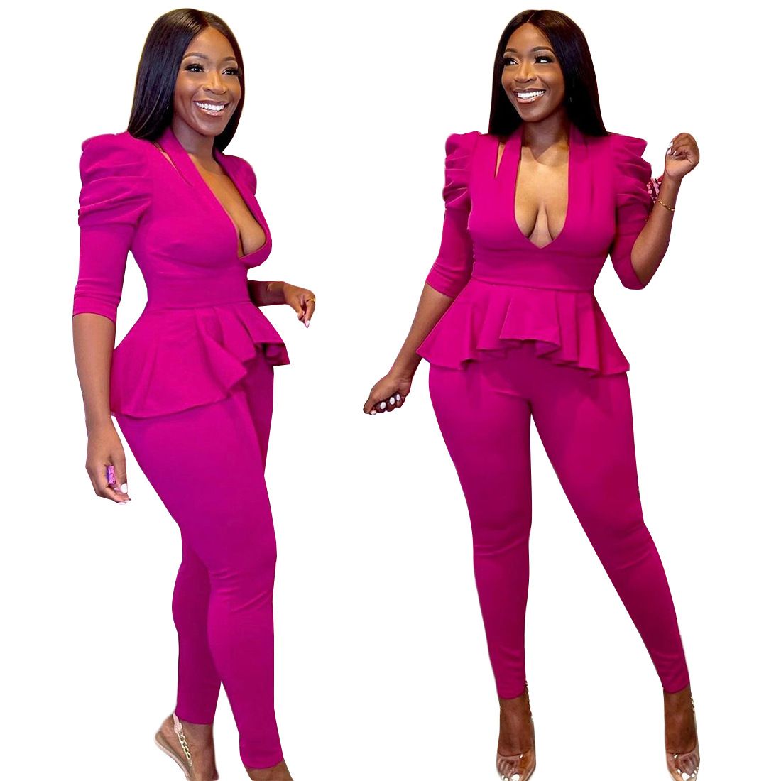 Compra Set Pantalón Pantalones De Vestir 2022 Otoño Elegante Mujer Trabajo  Sólido Oficina Señora Media Manga Profundo Cuello En V Sexy Top Trajes  Femeninos De Las Mujeres Dos Piezas Barato | Entrega