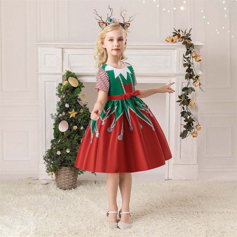 Vestidos Para Niñas Para Tema Lindo Disfraz De Navidad Santa Claus Estampado Boque Satén Carga De Cumpleaños Vestida De Ropa Larga Ropa Para Niños 10,92 € | DHgate