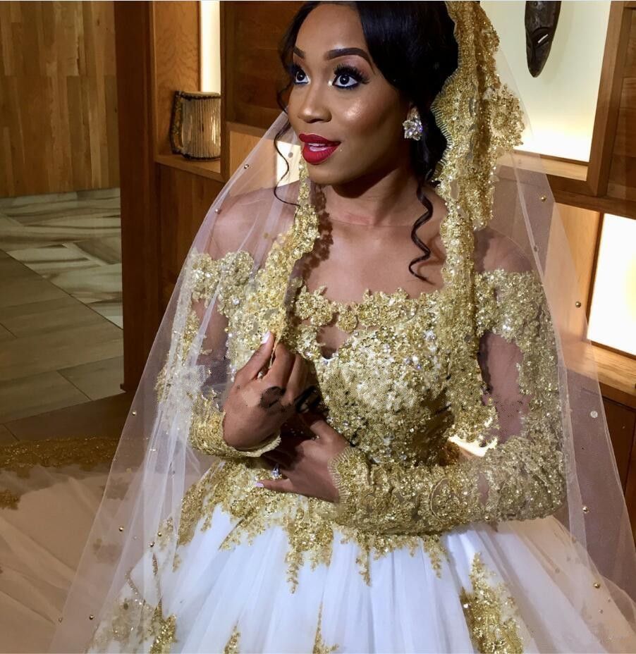 A Line Gold Lace Wedding Dresses For 