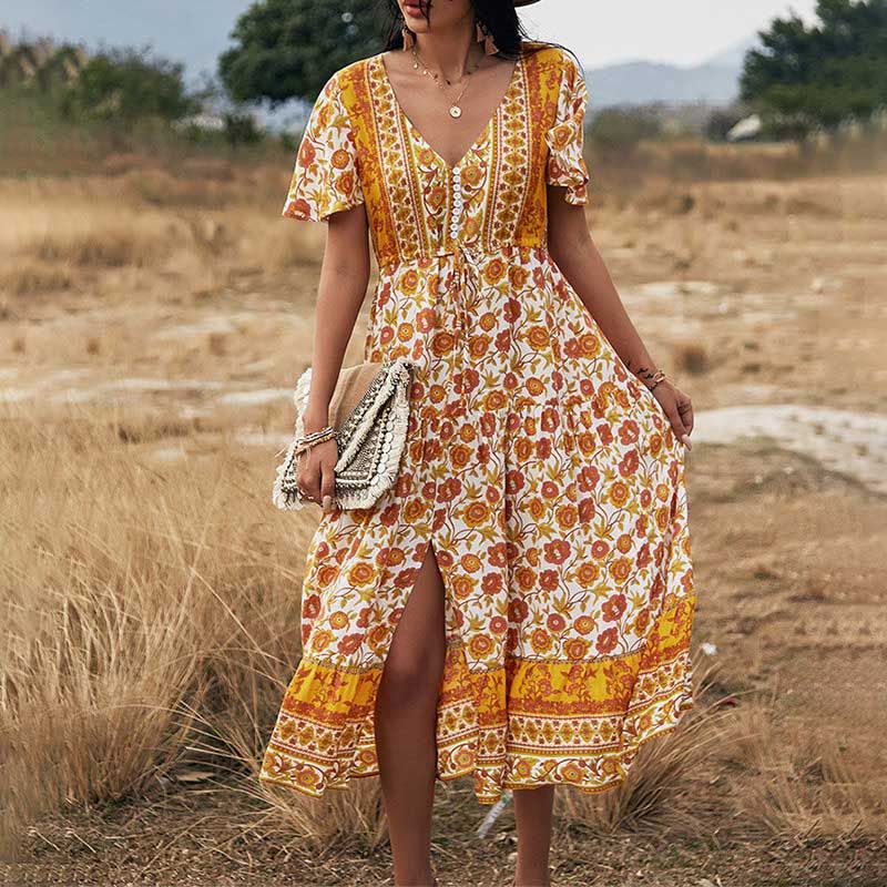 Compra Rancho Europeo De Vacaciones Estilo De Ocio Primavera / Verano 2021  Temperamento Elegante Péndulo Vestido Con Cuello En V Estampado Ropa De  Mujer Barato | Entrega Rápida Y Calidad | Es.Dhgate