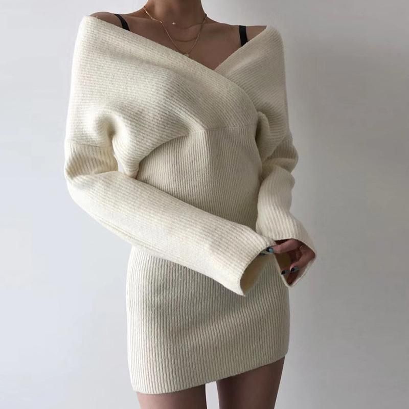 V Neck Winter Short Sweater Women New Dress Party Knitwear Knitted Long Sleeve 