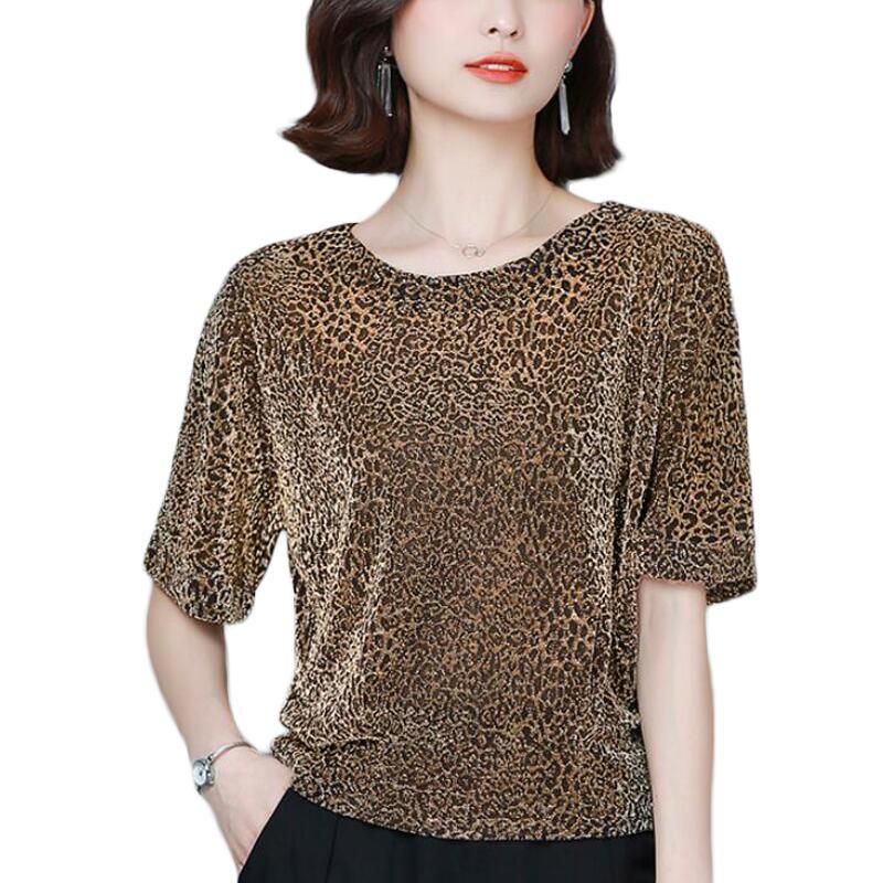 Blusas las mujeres camisas brillantes LUREX mujeres de manga corta de moda estampado