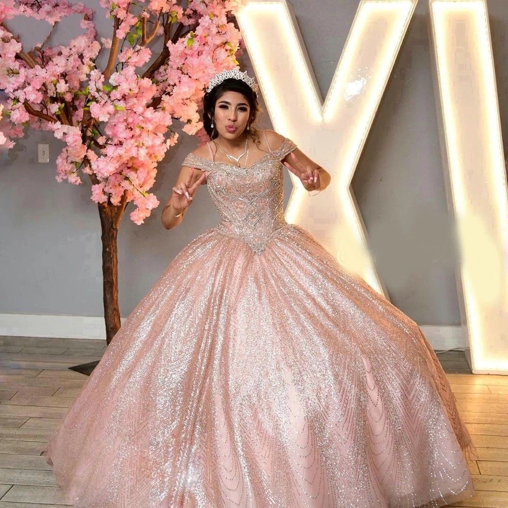 Sparkly Rose Gold Boho Cold Shoulder Quinceanera Prom Dresses Ball Gown with Sleeves Straps Crystal Rhinestones Sparkly Rose Gold Boho Cold Shoulder Quinceanera Prom Dresses Ball Gown with Sleeves Straps Crystal Rhinestones
