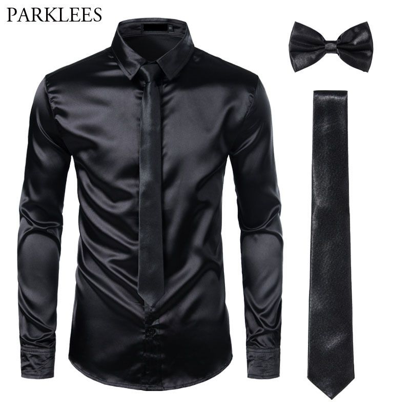 Black Mens Silk Dress Shirts 3Pcs(Shirt +Tie+Bowtie) Smooth Satin Shirt Men Slim Fit Party Prom Casual Shirts Men Social Camisa 210310