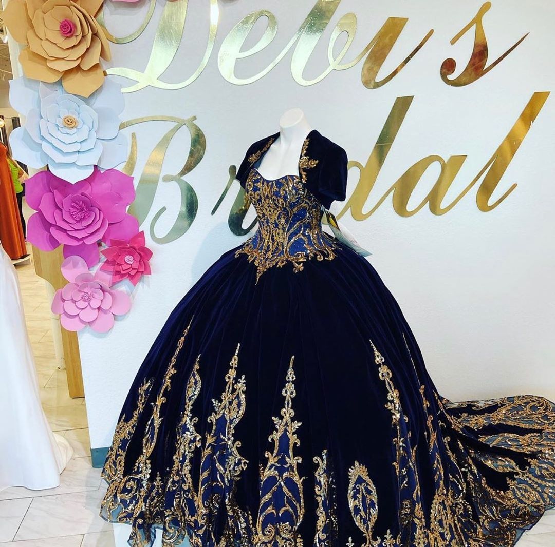 2022 Luxury Gold Sequined Lace Dark Blue Quinceanera Prom Dresses Velvet Charro with Jacket Ball Gown 2022 Luxury Gold Sequined Lace Dark Blue Quinceanera Prom Dresses Velvet Charro with Jacket Ball Gown