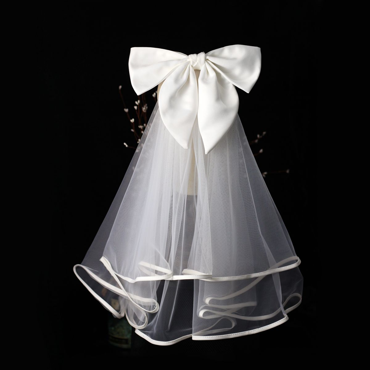 V693 Delicate Elbow Length Marriage Bride Veil 2-Layer Ribbon Edge Soft Tulle Satin Bowknot White Wedding Bridal Headdress with Comb