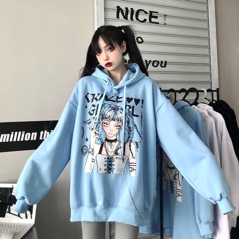 Harajuku Chicas japonesas letras manga Fleece Cadena de cálida Cadena Sudaderas Mujeres Invierno Sudaderas