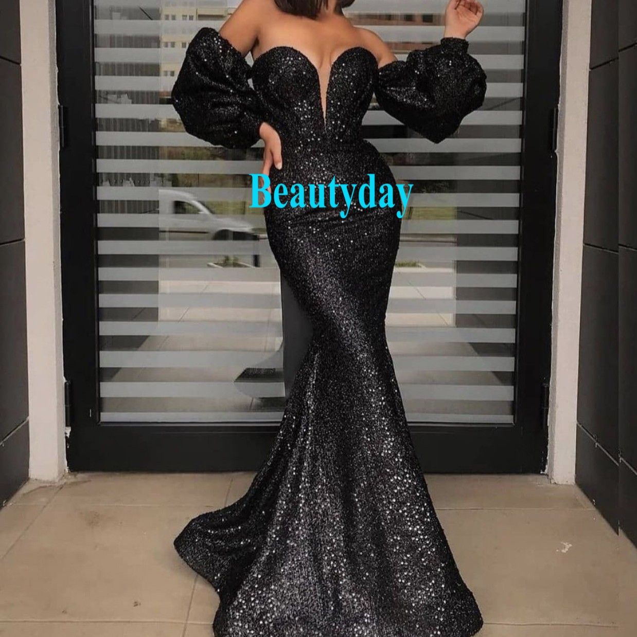 Sequins Prom Dresses 2021 Formell Aftonklänning Party Pageant Gowns Afrikansk Långärmad Svart Tjej Billiga Sexig Neckline Av Skulder