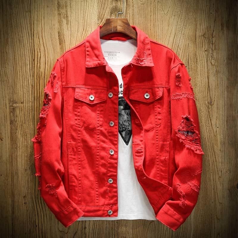 red ripped jean jacket