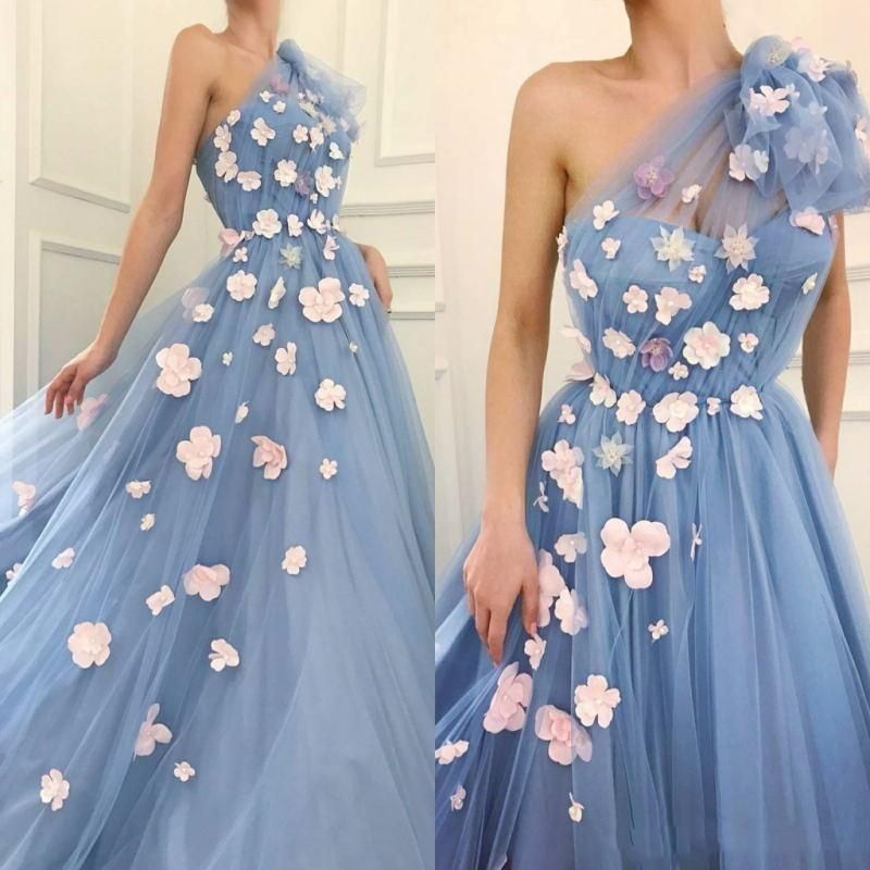 Compra Cielo Azul Un Hombro Fiesta Fiesta Vestidos Flores Piso Longitud Tul  2021 Nueva Llegada Moda Gala Graduación Vestidos De Noche Hechos A Medida  Barato | Entrega Rápida Y Calidad | Es.Dhgate