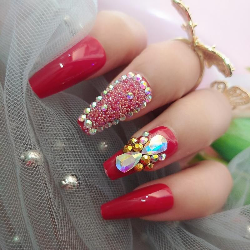 False Nails 21 Luxury Jewelry Short Ballet Coffin Fake Nail Crystal Drill Red Flash From Xiaochage 13 85 Dhgate Com