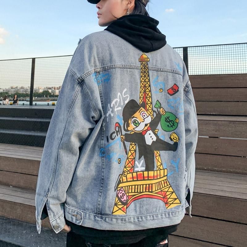 Men's Jackets Cartoon Graphic Denim Jacket Men Streetwear Graffiti Bear Coat Fashion Loose Overcoat Retro Tattered Jeans Punk Rock Clothes Men's Jackets Cartoon Graphic Denim Jacket Men Streetwear Graffiti Bear Coat Fashion Loose Overcoat Retro Tattered Jeans Punk Rock Clothes
