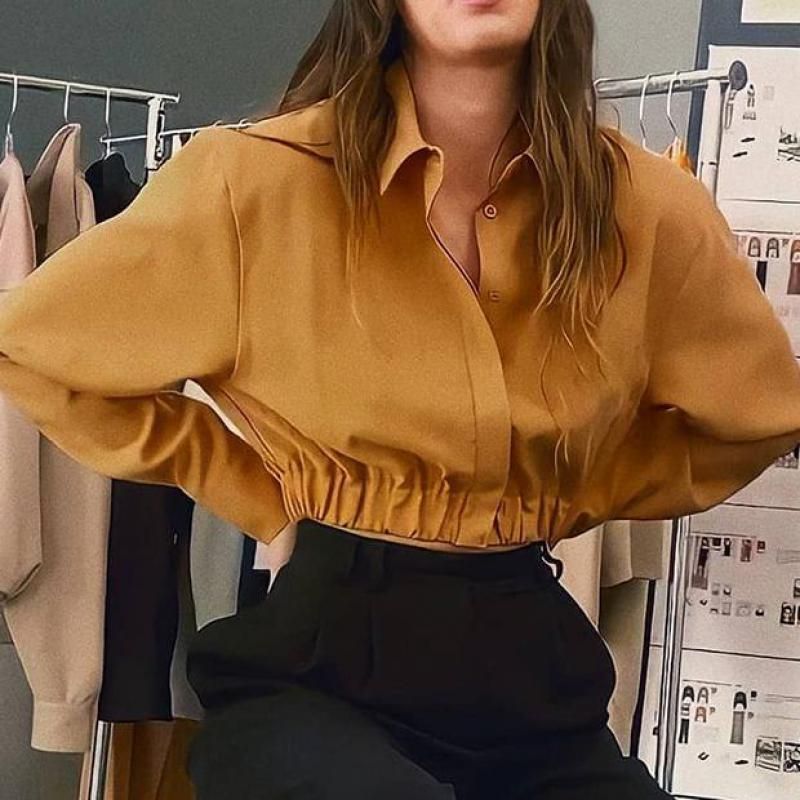Blusas de mujer camisas elegantes mujeres amarillas de manga larga solapada cintura sólida sólido blusa