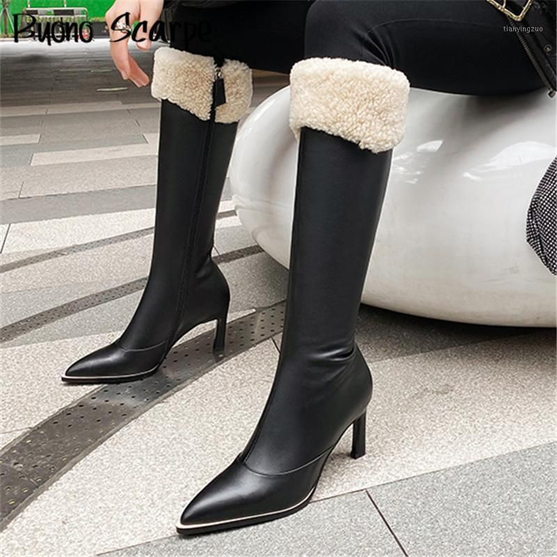 Laarzen herfst winter stijl mode elegante lange lederen wol warme dames  puntige teen rits dunne hakken