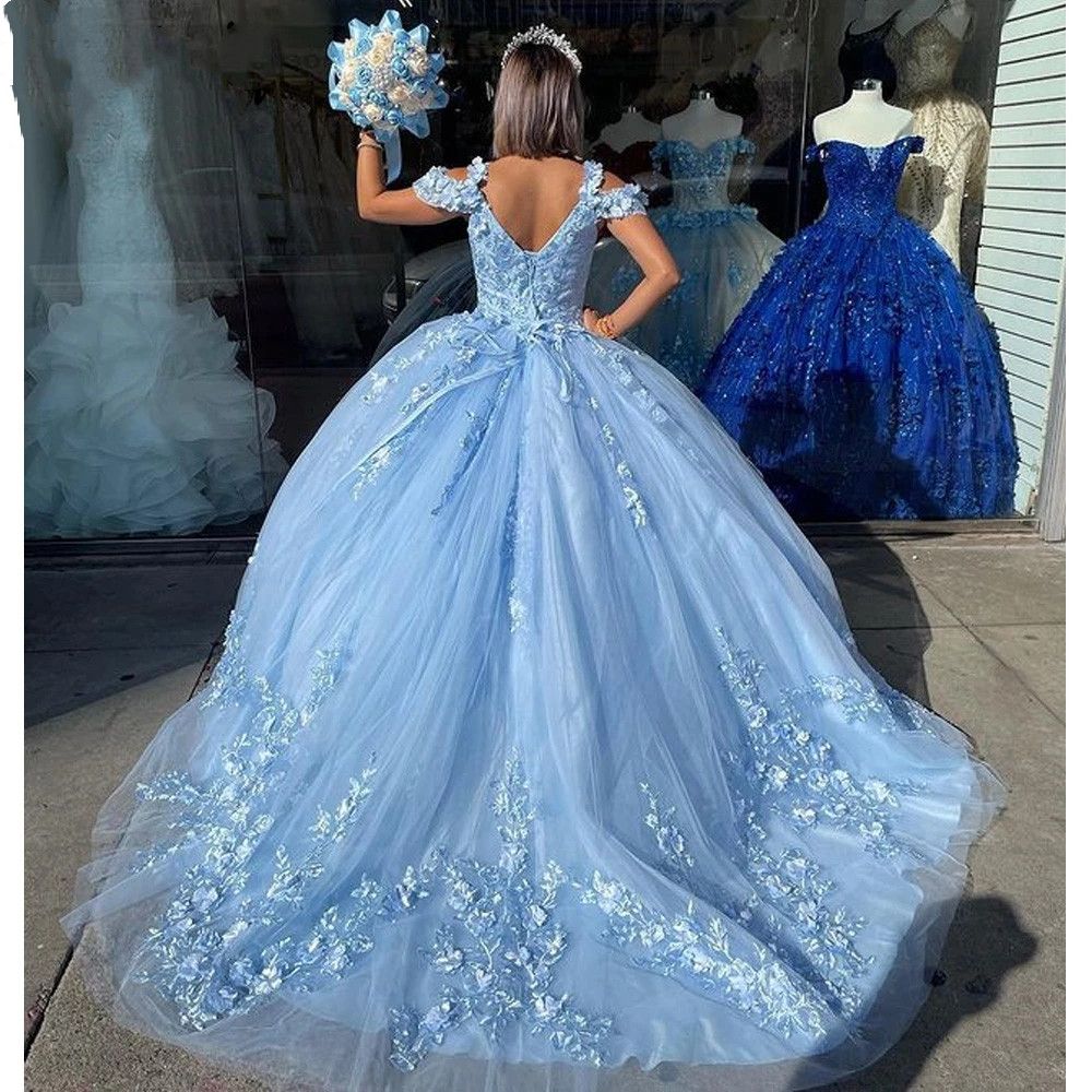 Vestido de quinceañera azul cielo mexicano con apliques florales 3D Vestidos  XV Años Sweet 16 Vestido