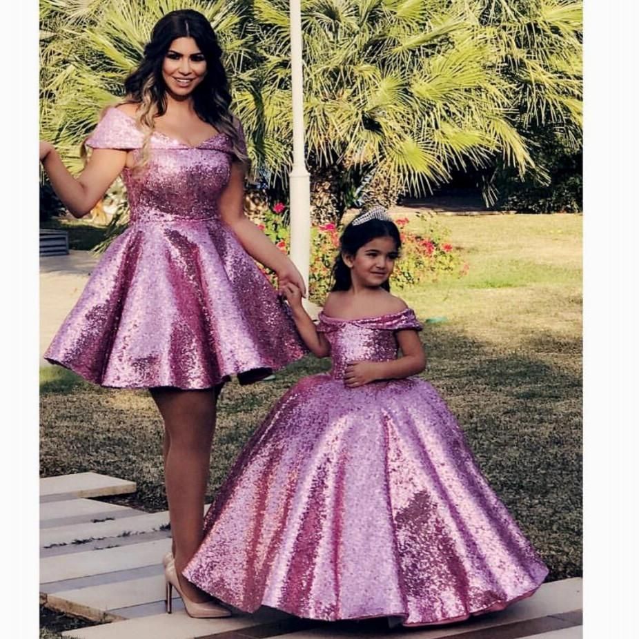 Sparkly Floor Long Long Pageant Vestidos Lentejuelas Girl Vestidos Pink Madre e hija Vestido