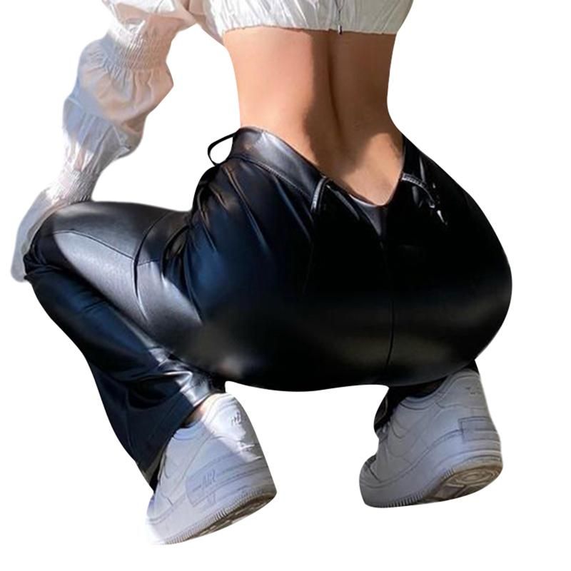 Pantaloni da donna Capris Donna Slim Wide-Gamt Pants, Adulti Pantaloni in pelle elastica in vita alta con tasche moda
