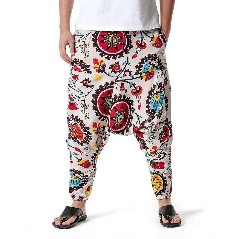 Pantalones para hombres mujeres hippie holgado algodón harem moda floral pantalones para