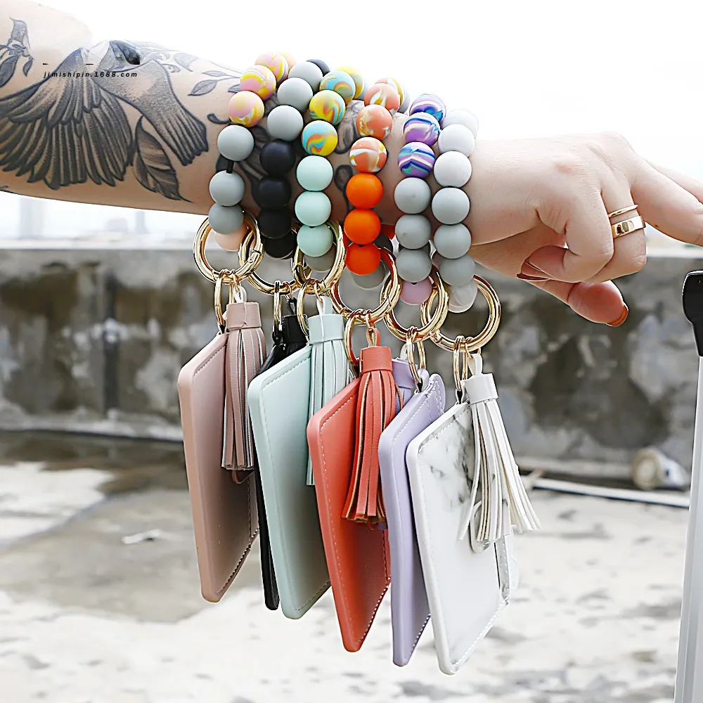 gift for her beaded wristlet Silicone Bangle Key Chain gift for friend Silicone Beaded bracelet with leather tassel for women