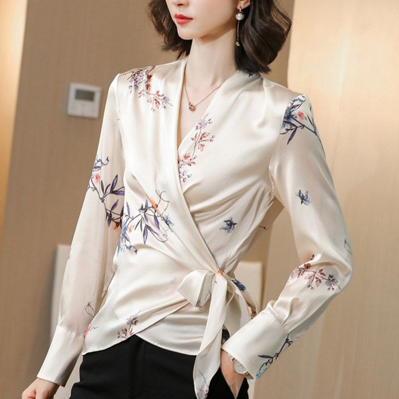 de seda coreana mujer mujer satinada impresión manga larga blusa de tops