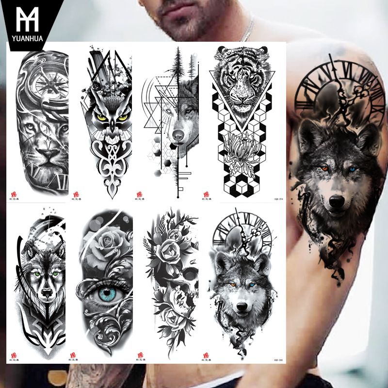 Black Forest Tattoo Sticker For Men Women Children Tiger Wolf Death Skull Temporary Fake Henna Skeleton Black Forest Tattoo Sticker For Men Women Children Tiger Wolf Death Skull Temporary Fake Henna Skeleton