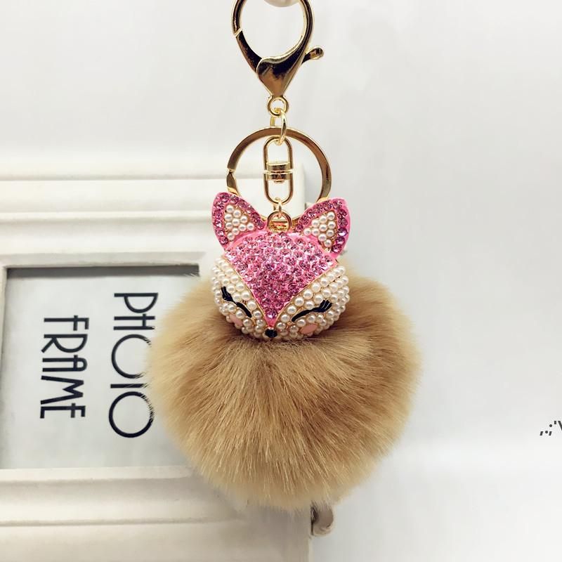 19 Color Cute Bling Rhinestone Fox Real Rabbit Fur Ball Fluffy Keychain Car Key Chain Ring DWF11574