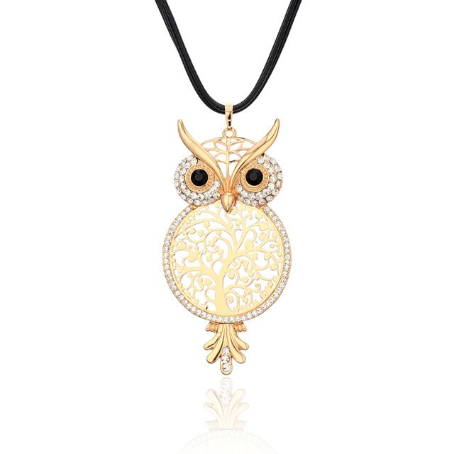 Big Owl Tree of Life Crystal Pendant Necklace Sweater Chain Gold Silver or Rose