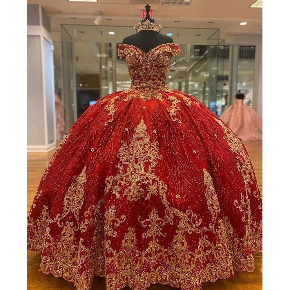 2022 elegante rojo con cuentas bola vestido quinceanera vestidos de oro  apliques dulce 16 vestido Pageant