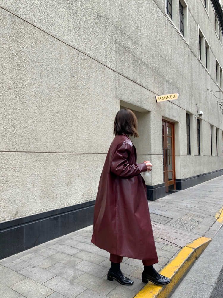 Lautaro Autumn Long Oversized Wine Red Leather Trench Coat for