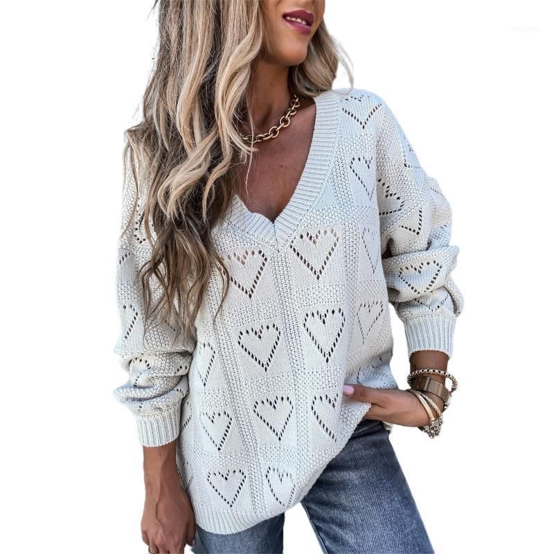 여성 캐주얼 솔리드 컬러 스웨터 V 넥 긴 소매 중공 out 디자인 심장 모양 립 니트 스웨터 복장 풀오버 탑스
