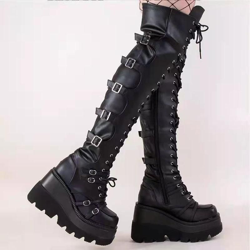 Botas punk sobre la rodilla 2021 mujer plataforma altas tacones chunky cuñas mujer muslo calle negro zapatos tamaño grande