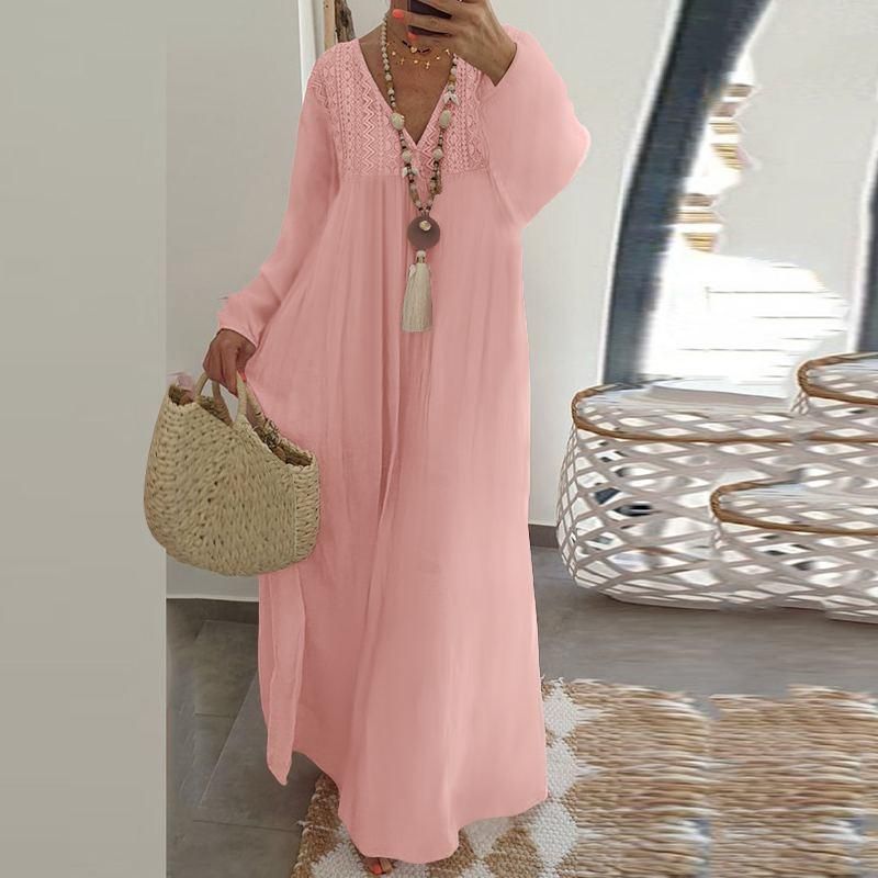 Compra Vestidos Casuales Tallas Grandes Vestido Largo Boho Mujeres Linterna  Menste Encaje Maxi Holiday Otoño Spring Lady V Cuello Suelto Ruffles S 3XL  Barato | Entrega Rápida Y Calidad | Es.Dhgate