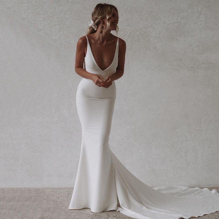 Compra Nuevo Cuello En V De Profeta Sirena Vestidos De Boda Sexy Abiertos  Abiertos Botones De Novia Vestido De Novia De Barrido Largo Trompeta Mujer  Formal Ocasión Desgaste Barato | Entrega Rápida