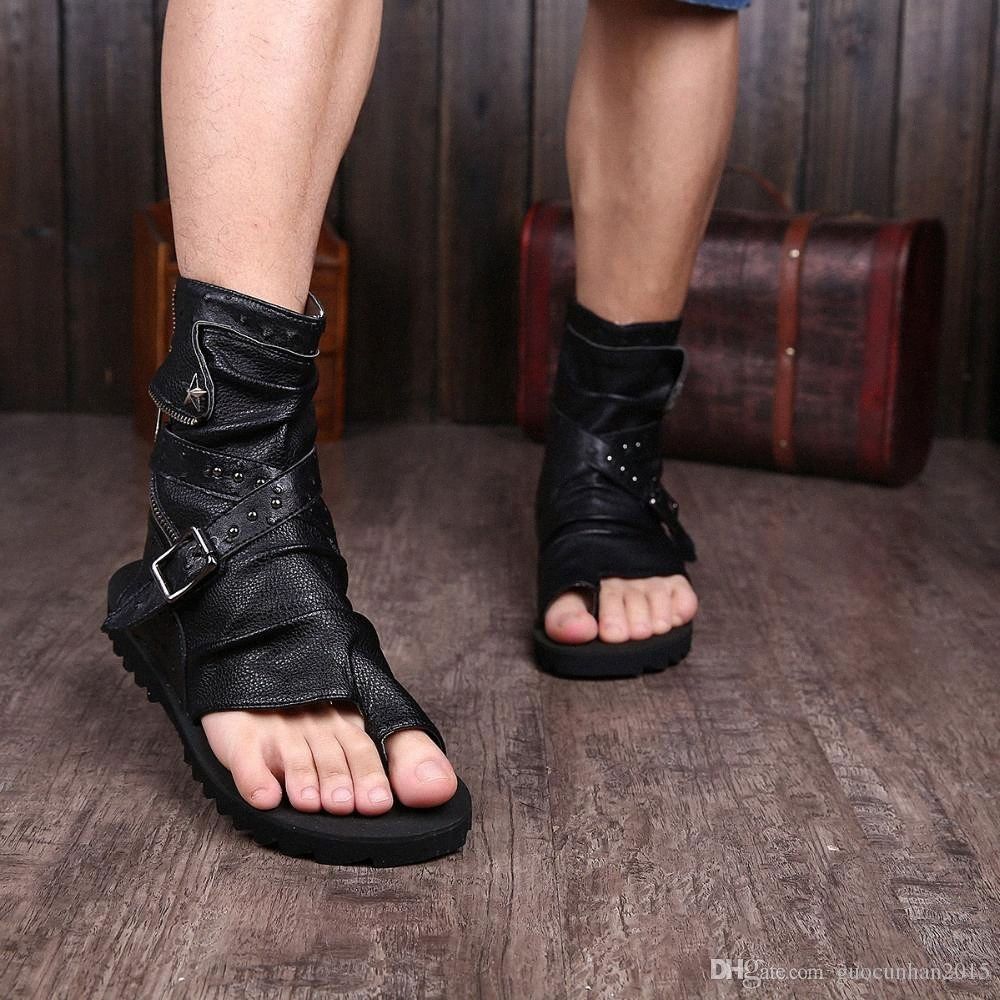 Handmade gladiator flat open sandals for men black genuine leather Italian shoes 