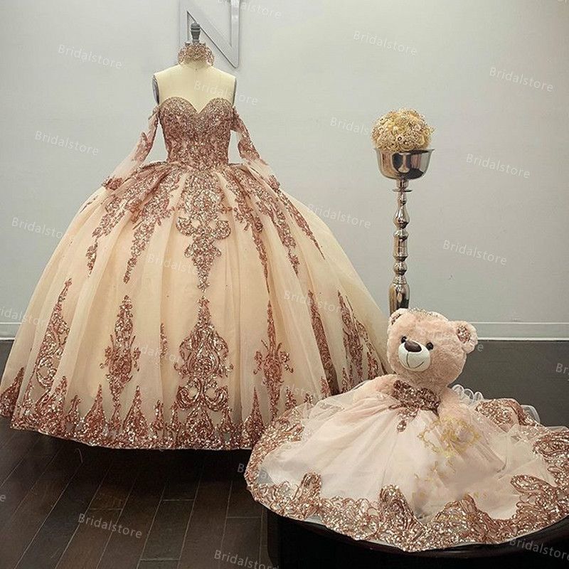 Sparkly Rose Gold Blue Quinceanera Dresses Vestido De 15 Anos Appliques Beads Sequin Sweet 16 Dress Masquerade Prom Birthday Party Gown Sparkly Rose Gold Blue Quinceanera Dresses Vestido De 15 Anos Appliques Beads Sequin Sweet 16 Dress Masquerade Prom Birthday Party Gown