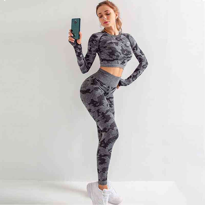 Yoga las mujeres sin ropa Fitness para Yoga deporte manga larga Tops camufl 