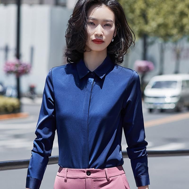 girasol préstamo legal Blusas de las mujeres camisas azul marino Camisa formal de las mujeres de  manga larga 2021