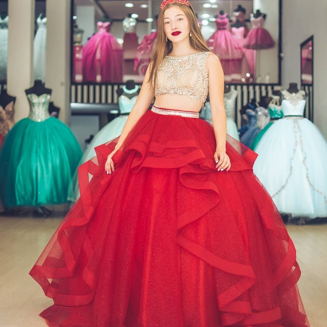 2022 rojo dos piezas vestidos de fiesta joya cuello tul rhinestones noche