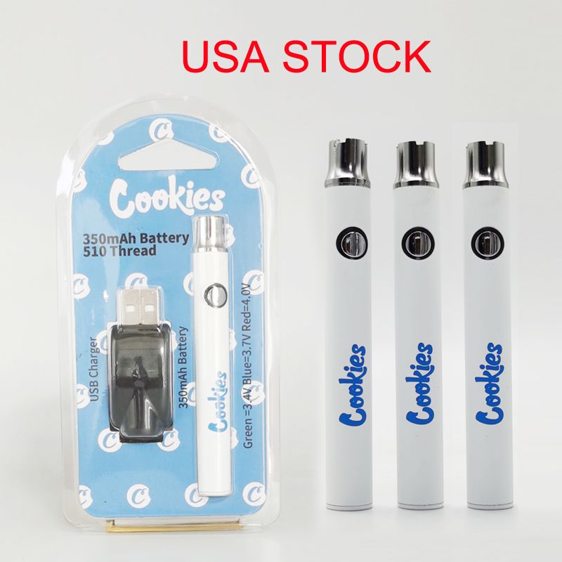 Cookies Vape Batterie 350mAh 510 Gewindevorwärmung Wiederaufladbare Vapes Stifte Ölkassetten Battries Einstellbare Spannung mit USB-Ladegerät Blisterverpackung USA Lagerbestand