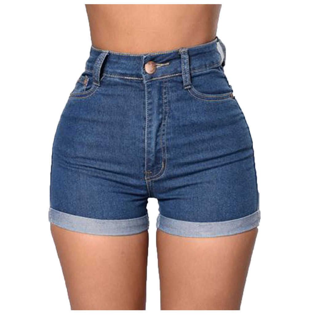 cortos de jean azul oscuro mujeres casual sexy elevación alta cintura de algodón