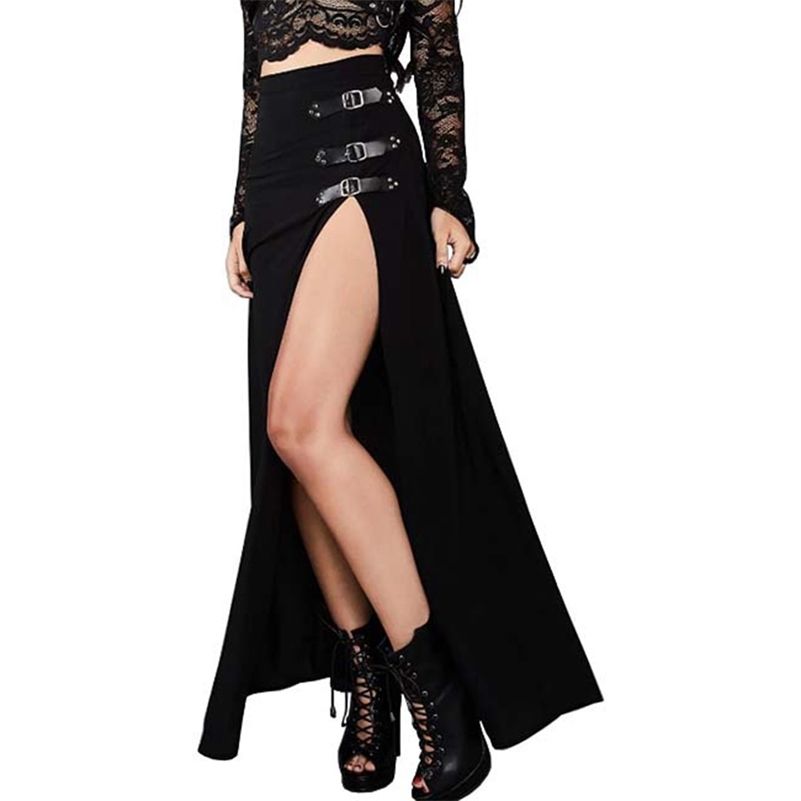 Rosético sexy punk mujeres maxi falda cintura diseño dividido negro vintage fiesta