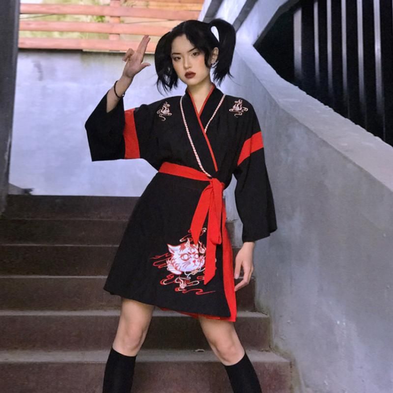 Japonés vestido de kimono mujer negro blanco gato bordado dulce niña  vintage asiático ropa Yukata haori
