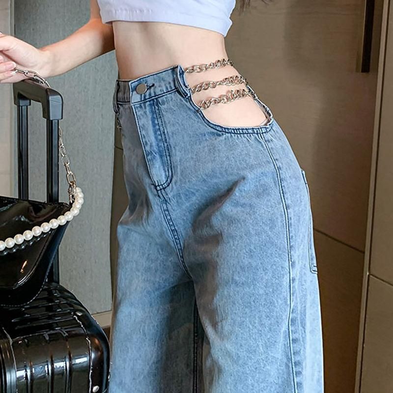 Compra Jeans De Mujer ZOKI Moda Cadena De Metal Mujeres Calle Streetwey  Alta Cintura Suelta Pierna Ancha Perilla Pantalones De Mezclilla Primavera  Bolsillo Lavado Azul Hembra Jean 2021 Barato | Entrega Rápida