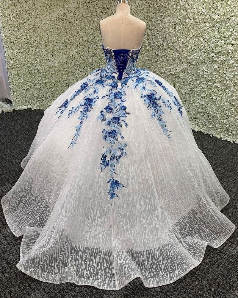 2021 Brillo blanco quinceañera vestido azul flor aplique de abalorios corsé corset top sweet 15 16 2021 Brillo blanco quinceañera vestido azul flor aplique de abalorios corsé corset top sweet 15 16