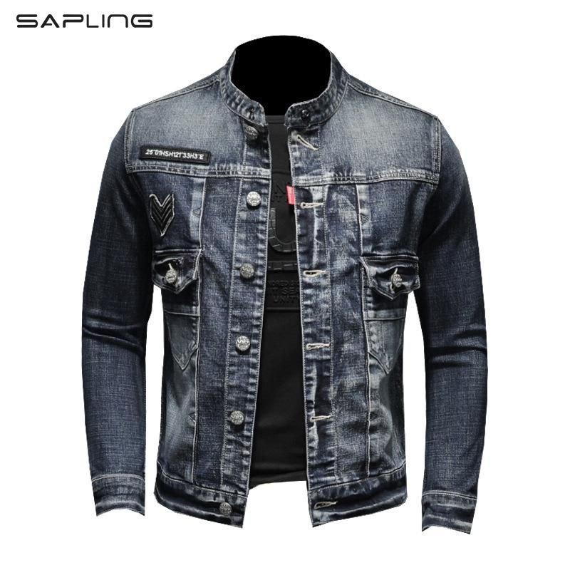 Men's Jackets High Quality Denim Jacket Stand Collar Single Breasted European Pilot Mens Jean Coats Motorcycle Casual Clothing
