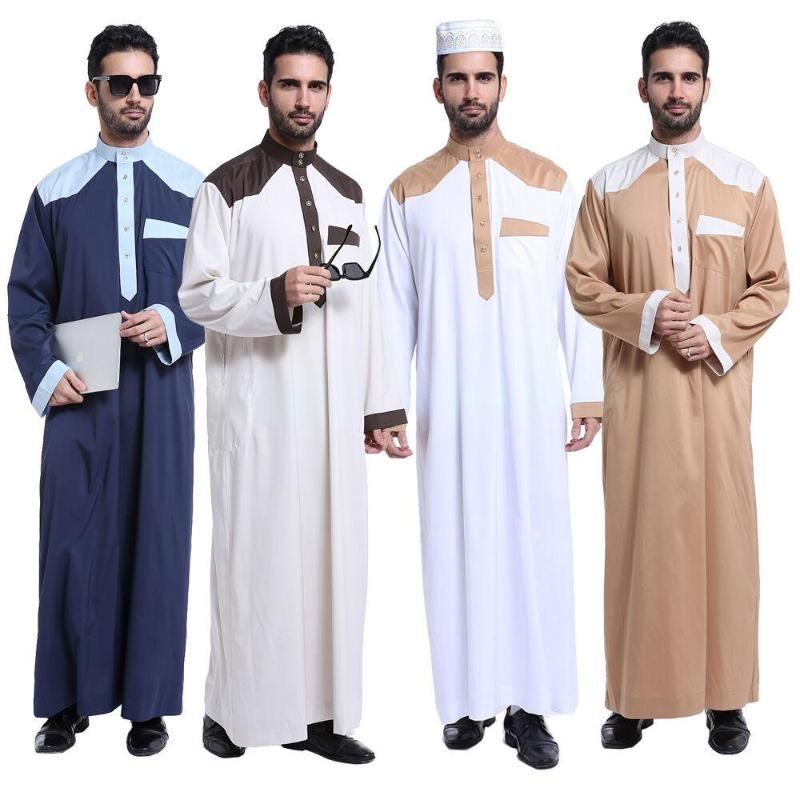 Mens Muslim Jubba Kaftan Long Sleeve Dishdash Thobe Arab Islamic Saudi Robe Tops