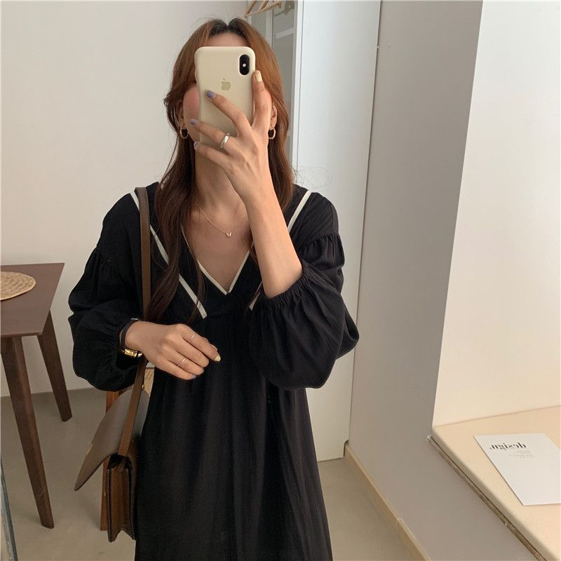 Black Gentle Girls Elegant Female Fashion Korean Chic V Neck Women Full ...